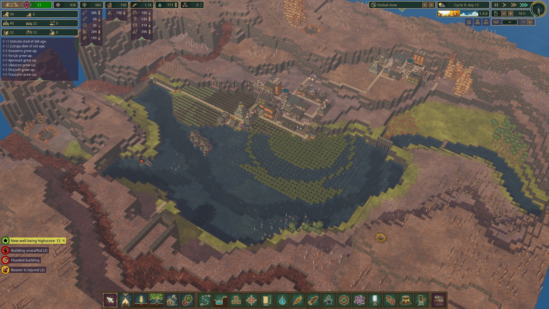 A Timberborn settlement alongside a flooded portion of the river. Screenshot by author.