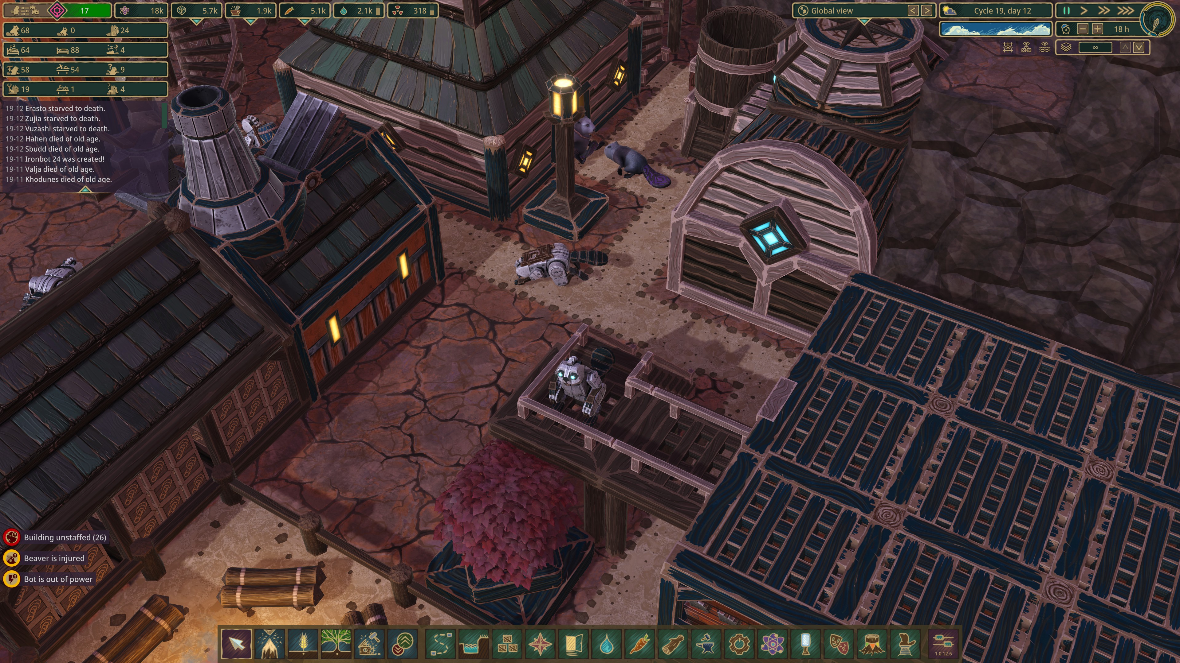 A robo-beaver standing in the foreground, with a few beavers relaxing in the background. Screenshot by author.