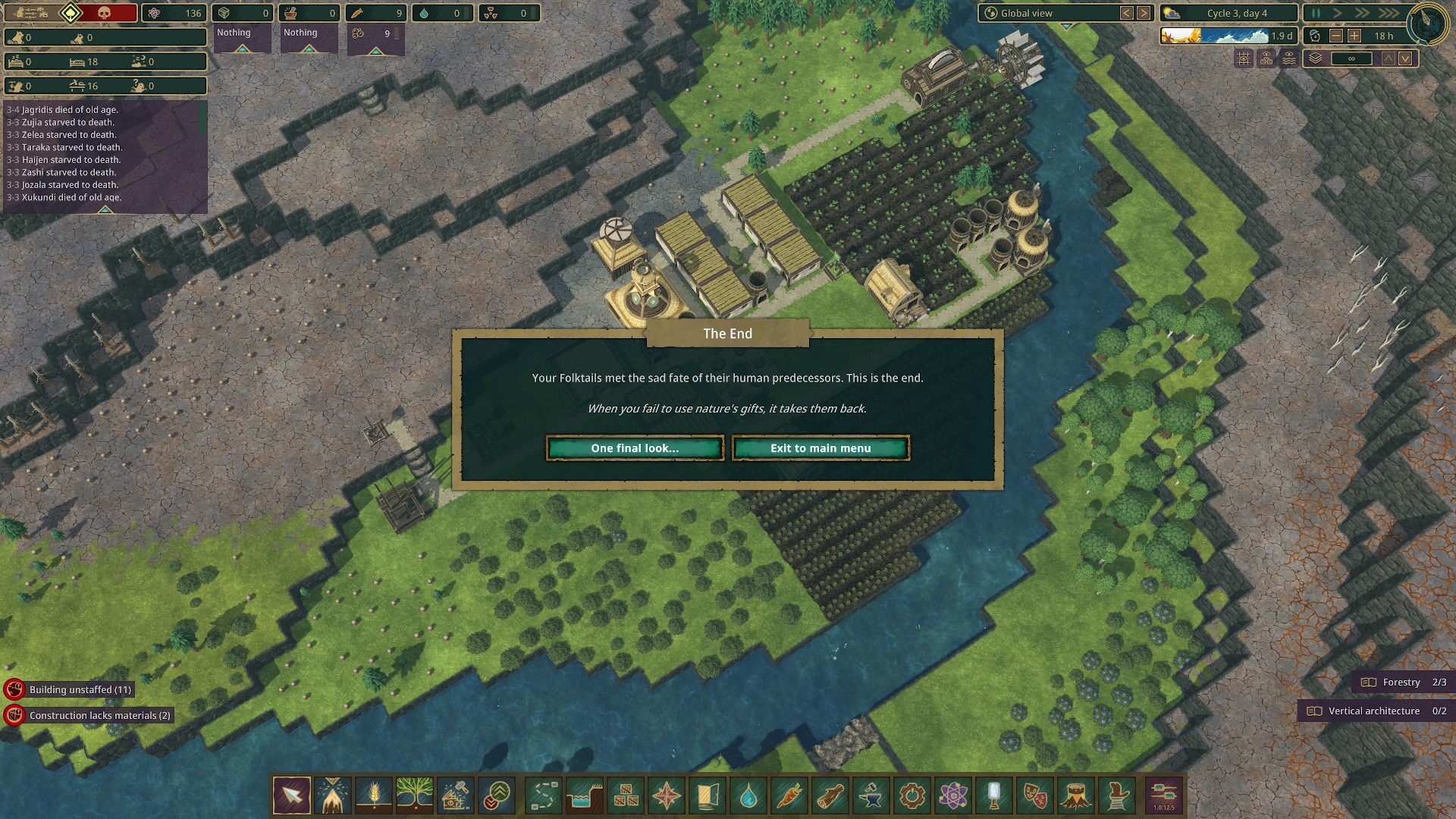 An small empty settlement - some fields and houses with the message: "The End: Your Folktails met the sad fate of their human predecessors. This is the end." Screenshot by author.