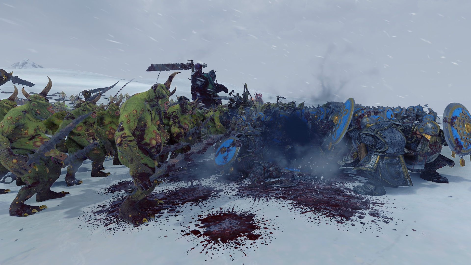 A line of dwarfs clashing against demons of Nurgle in Total War: Warhammer III. Screenshot by author.