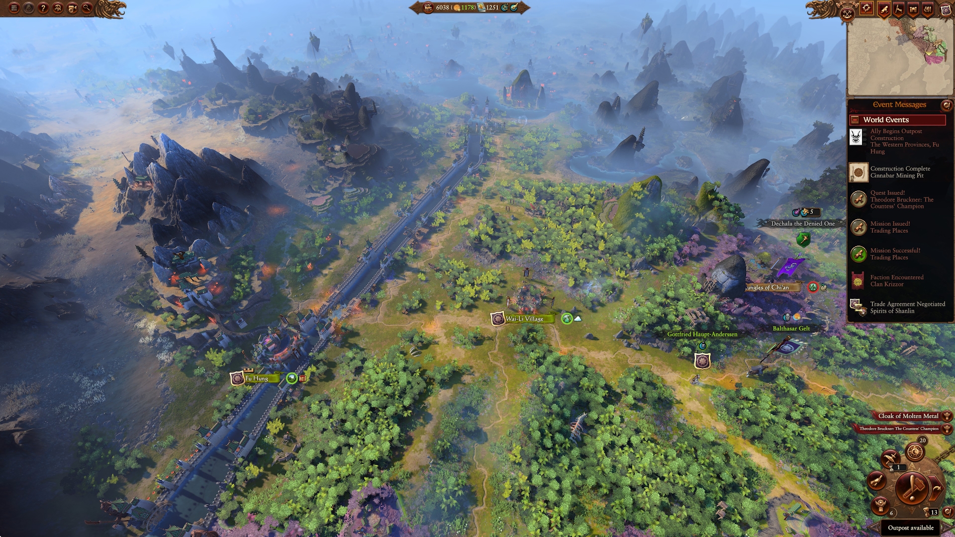 Total War: Warhammer III campaign map depicting Cathayan province under player's control. Screenshot by author.