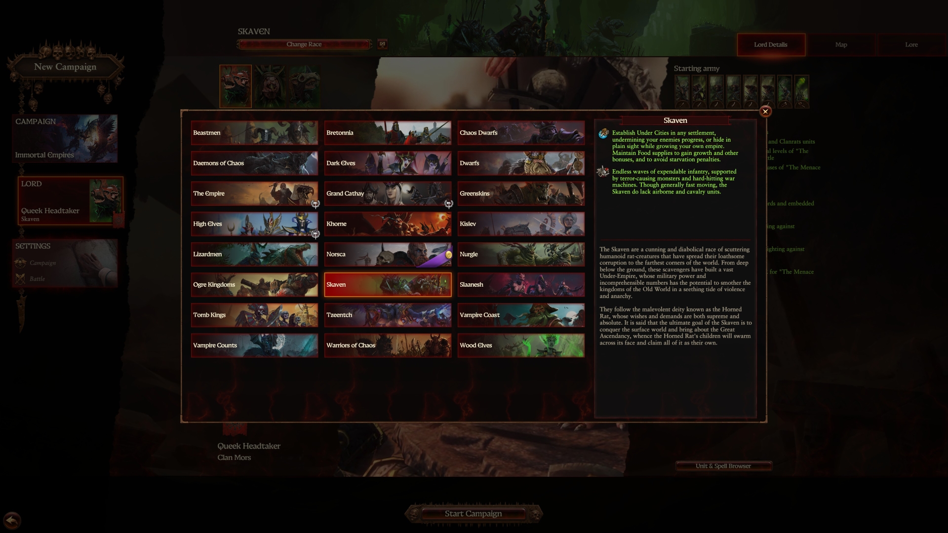 Total War: Warhammer III faction selection screen, showing the game's 24 factions.
