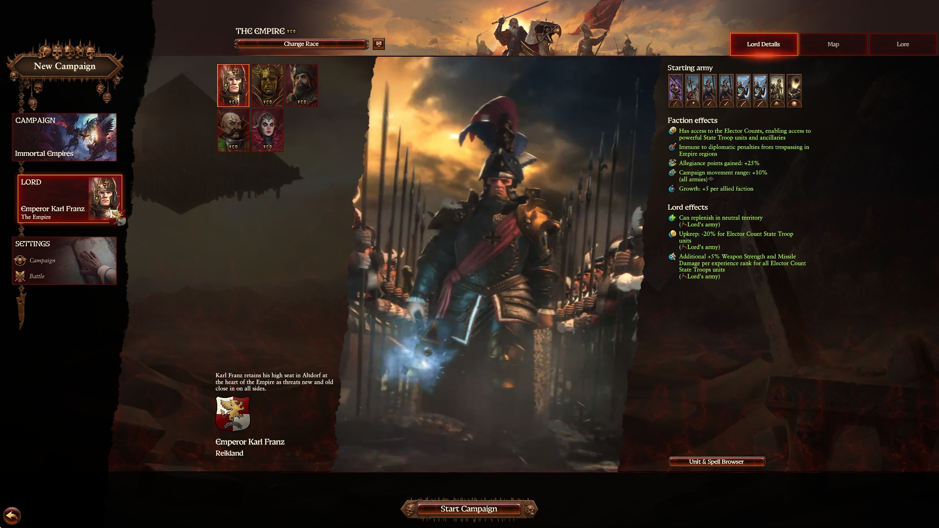 Total War: Warhammer III intro screen showing Karl Franz, the emperor, walking among his troops. Screenshot by author.