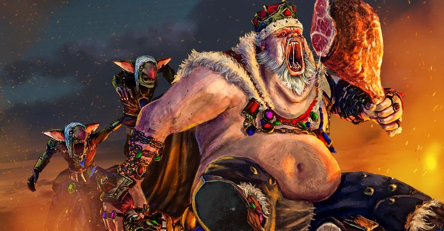 Greasus Goldtooth from Total War: Warhammer III clutches a meat leg while Gnoblar servants follow behind. Image courtesy of SEGA, Feral Interactive.
