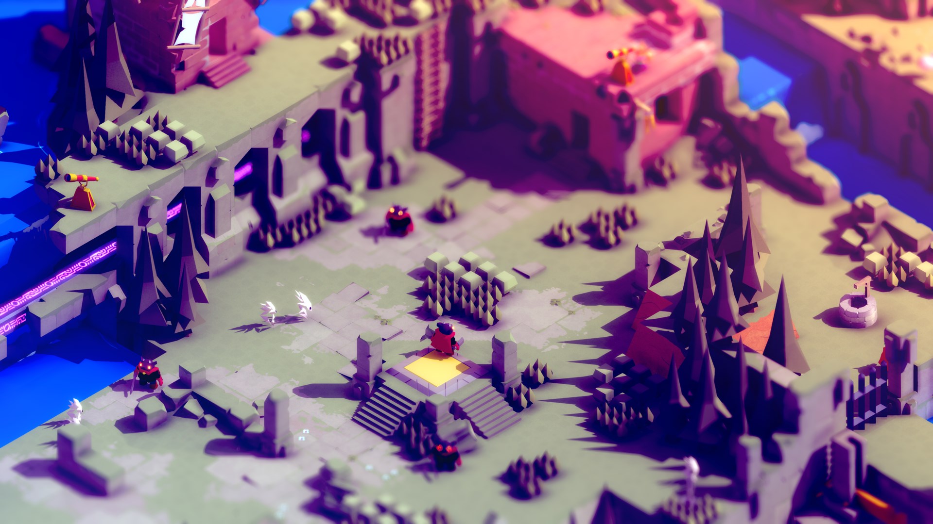 A screenshot from Tunic shows a small fox-like character in a colorful, isometric world with various structures and foliage.