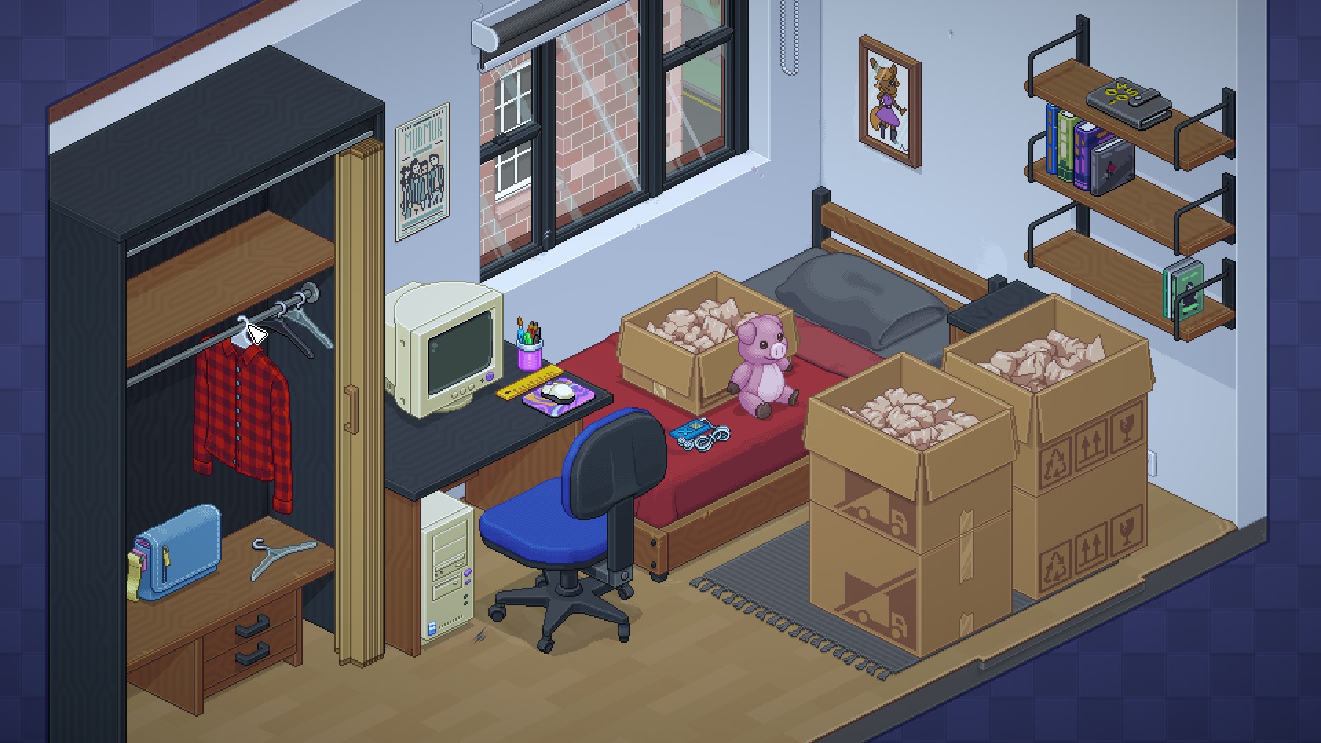 A screenshot from Unpacking shows a pixel-art bedroom with moving boxes and items being placed on shelves and a desk.