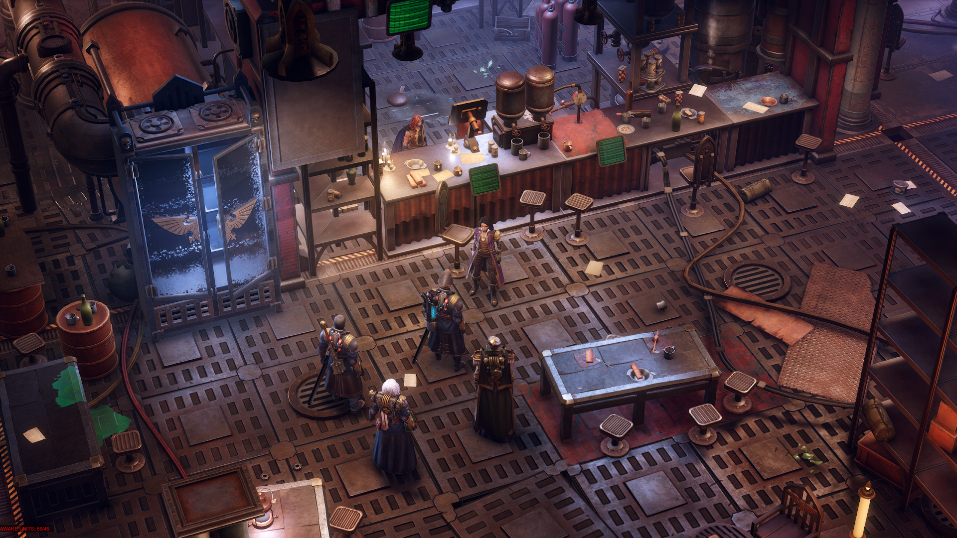 Party of Warhammer 40k: Rogue Trader: at the Adeptus Amasecus, the bar in the slums. Image courtesy of Owlcat Games.