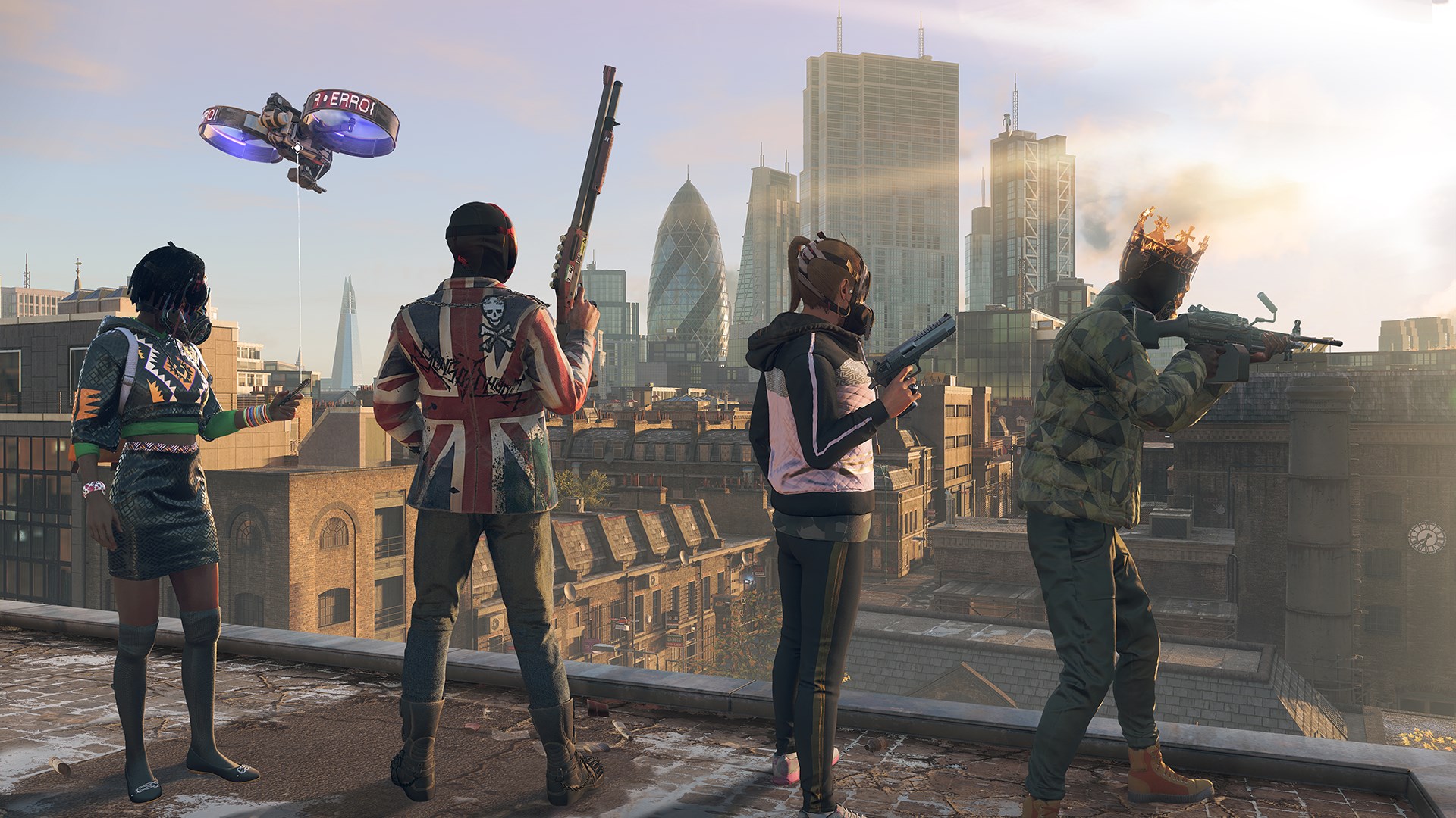 A screenshot from Watch Dogs: Legion shows four characters in futuristic, masked outfits standing on a rooftop overlooking a cityscape with a drone flying nearby.