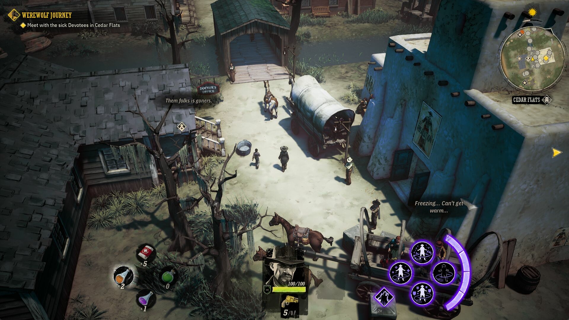 Weird West gameplay features an isometric view of a town square in Cedar Flats with various character UI elements. Image courtesy of Devolver Digital.