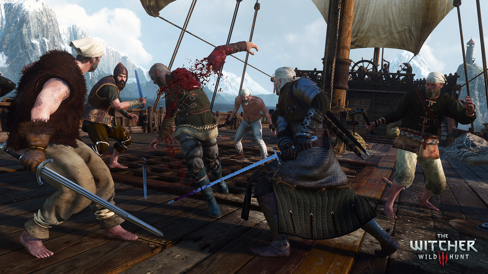 The Witcher 3: Wild Hunt shows the protagonist Geralt in combat on a ship deck, wielding a sword against multiple opponents.