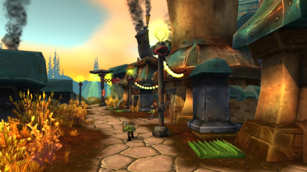 World of Warcraft Classic: Cataclysm shows a character in a gnome-style town with mechanical buildings, pipes, and lampposts under a late afternoon sky.