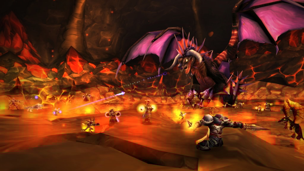 A World of Warcraft Classic raid party fights a large black and purple dragon surrounded by a fiery, molten landscape.